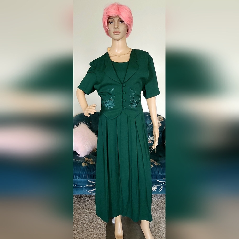 Forest Green Vintage Cottagecore Dress with Floral Vest Built-in - Unique